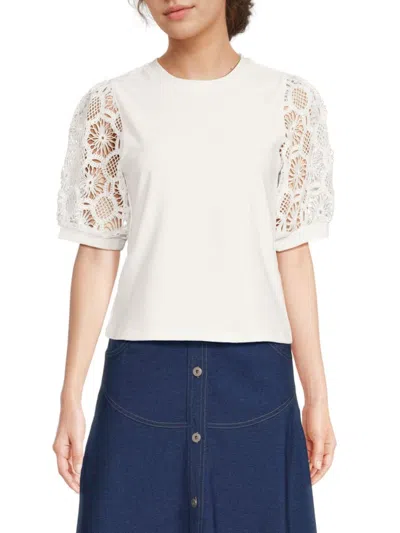 Area Stars Women's Crochet Puff Sleeve Knit Top In White