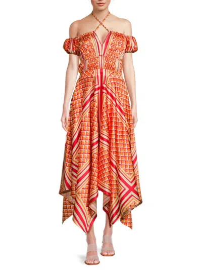 Area Stars Women's Pink Org Printed Satin Handkerchief-hem Midi-dress In Orange