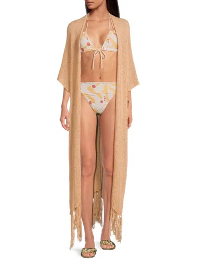 Area Stars Women's Summer Breeze Knit Fringe Coverup Kimono In Beige