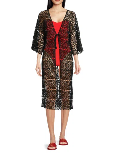 Area Stars Women's Summer Breeze Self-tie Longline Diamond Crochet Cardigan In Black