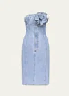 Area Strapless Denim Midi Dress With Flower Corsage In Super Light Wash