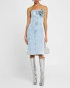 Area Strapless Denim Midi Dress With Flower Corsage In Blue