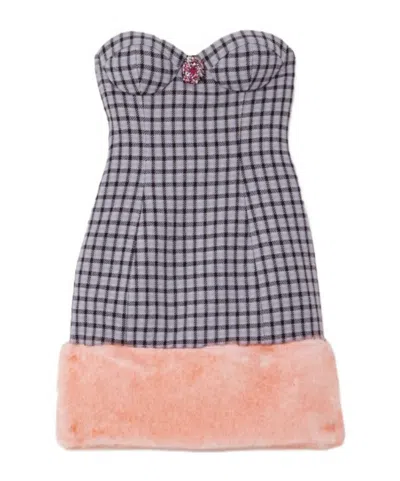 Area Strapless Embellished Faux Fur-trimmed Houndstooth Wool-blend Mini Dress In Gray