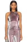 Area Rosette Stretch Lame Halter Top In Pink & Silver