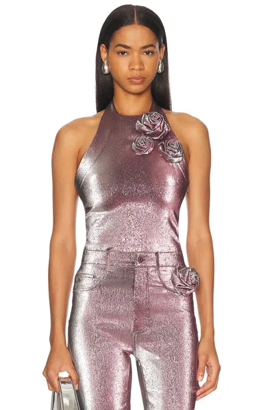 AREA STRETCH LAME ROSETTE HALTER TOP
