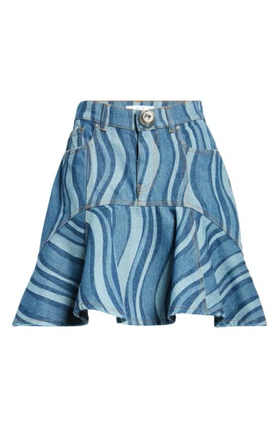 AREA SUNRAY STRIPE RUFFLE HEM DENIM MINISKIRT