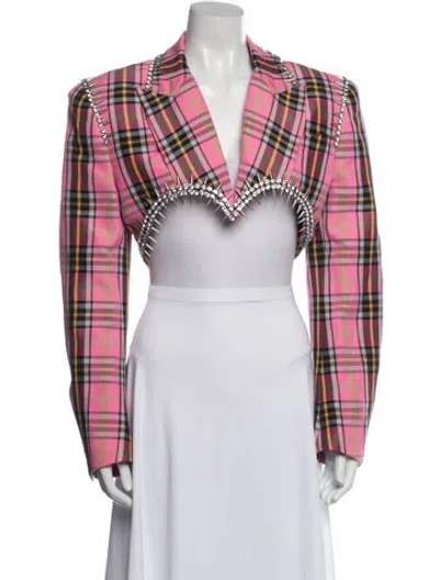 Pre-owned Area Virgin Wool Plaid Print Bolero In Pink