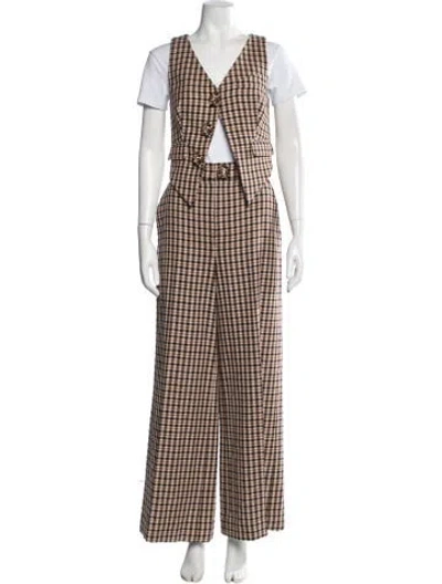 Pre-owned Area Virgin Wool Plaid Print Pant Set In Brown