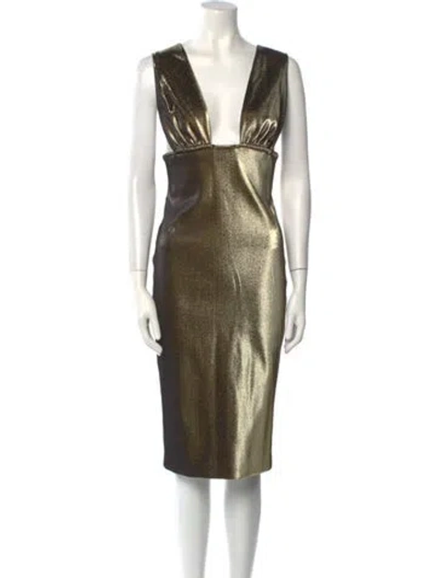 Pre-owned Area V-neck Midi Length Dress In Gold