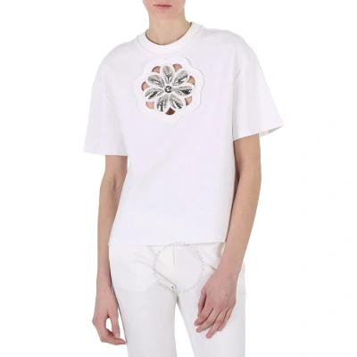 Area White Mussel Flower Embellished Cutout Jersey T-shirt