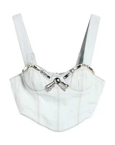 Area Crystal Trim Denim Bustier Top In Pale Blue