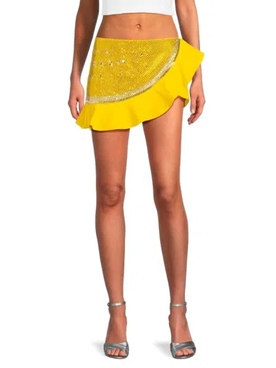 Area Women's Embellished Ruffle Wool Blend Mini Skirt In Yellow