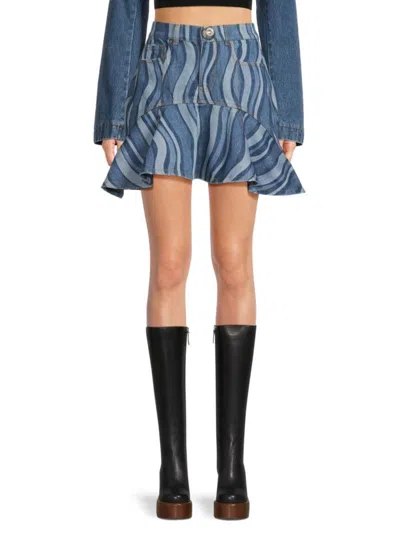 Area Sunray Denim Ruffle Mini Skirt In Indigo