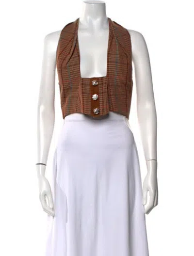 Pre-owned Area Wool Plaid Print Top In Brown