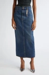 Area Logo-charm Denim Midi Skirt In Dark Medium Wash