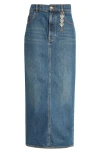 Area Logo-charm Denim Midi Skirt In Dark Medium Wash