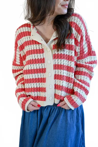 A.ren Balboa Avenue Striped Knit Cardigan In Sand Red