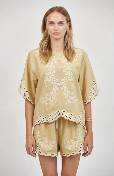 A.ren Cedar Street Embroidered Flutter Sleeve Top In Khaki In Neutral