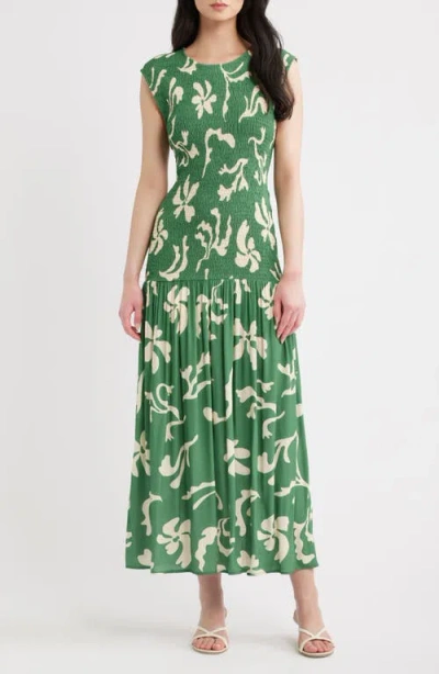 A.ren Leilani Floral Smock Bodice Maxi Dress In Green