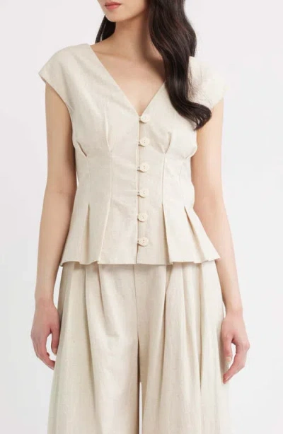 A.ren Nova Pleated Cap Sleeve Cotton & Linen Top In Neutral