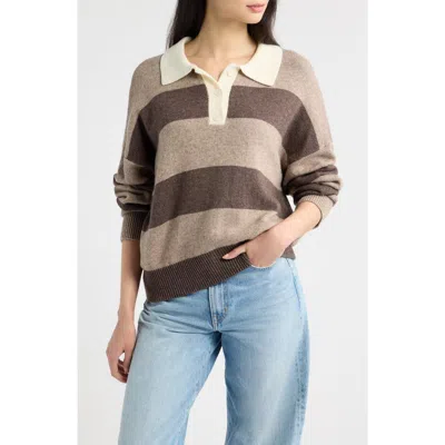A.ren Raelyn Stripe Long Sleeve Polo In Mocha