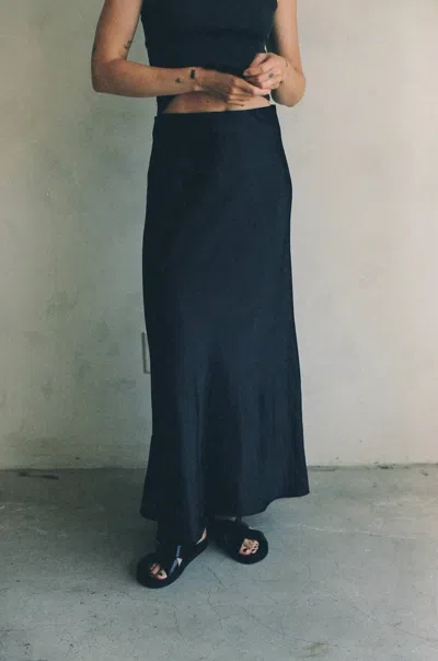 A.ren Satin Maxi Skirt In Black In Blue