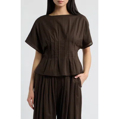 A.ren Simone Pleated Linen Blend Blouse In Chocolate Brown