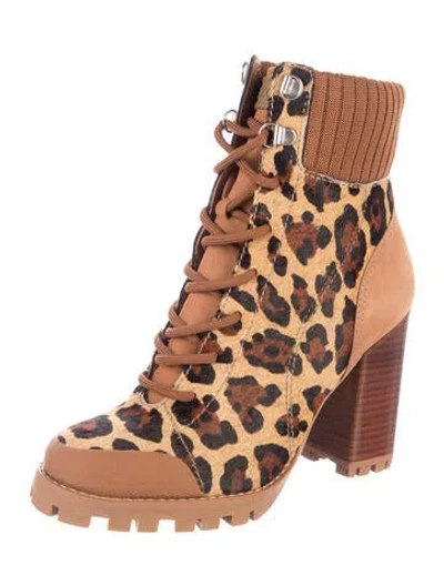 Pre-owned Arezzo Ponyhair Animal Print Lace-up Boots In Brown