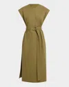 Argent Belted Cap-sleeve Cotton Twill Midi Shirtdress