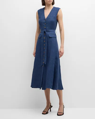 Argent Button-down Linen-denim Midi Vest Dress In Denim Look