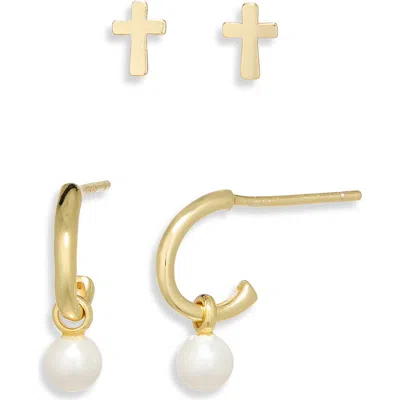 Argento Vivo Cross Stud & Huggie Hoop Earrings Set In Gold