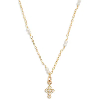 Argento Vivo Cubic Zirconia & Freshwater Pearl Cross Pendant Necklace In Gold