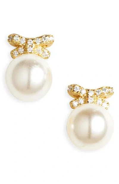 Argento Vivo Cubic Zirconia Bow Faux Pearl Stud Earrings In Gold