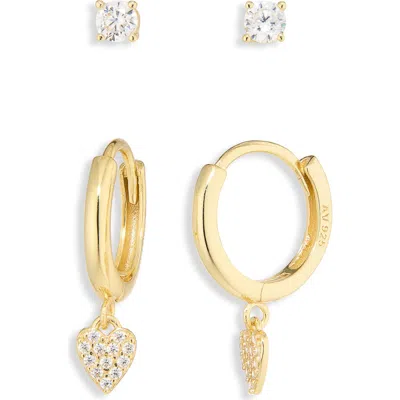 Argento Vivo Cubic Zirconia Solitaire Stud & Huggie Hoop Earrings Set In Gold
