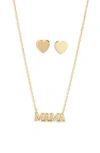 Argento Vivo Cz Pavé Mama Pendant Necklace & Heart Stud Earrings In Gold