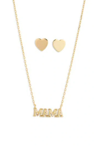 Argento Vivo Cz Pavé Mama Pendant Necklace & Heart Stud Earrings In Gold