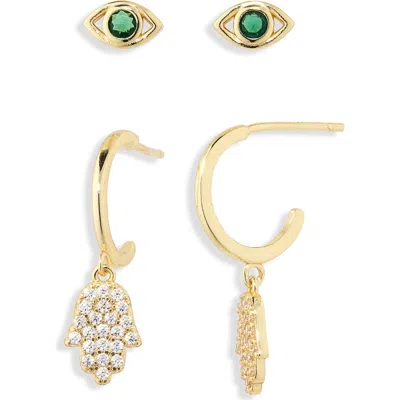 Argento Vivo Evil Eye Stud & Hamsa Drop Earrings Set In Gold