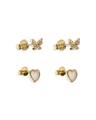 Argento Vivo Mother Of Pearl Heart And Cubic Zirconia Butterfly Stud 18k Gold Plated Sterling Silver Earring Set