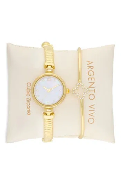 Argento Vivo Mother-of-pearl Bracelet Watch & Clover Bangle Bracelet Set In Gold