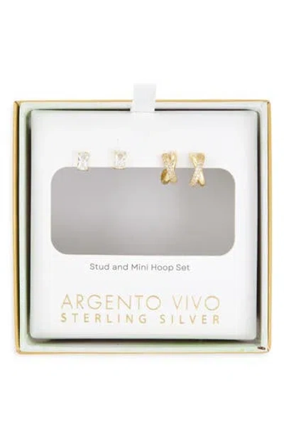 Argento Vivo Pack Of 2 Crystal Stud & Mini Huggie Hoop Earrings Set In Gold