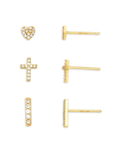Argento Vivo Pave Heart, Cross, & Vertical Bar Stud Earrings, Set Of 3 In Gold