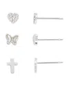Argento Vivo Pave Heart, Mother Of Pearl Butterfly & Cross Stud Earrings In Sterling Silver, Set Of 3 In Silver