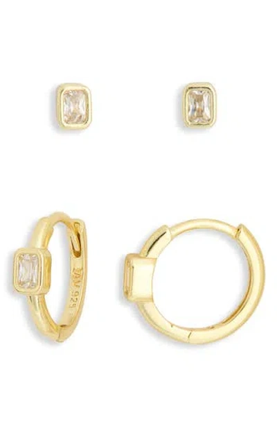 Argento Vivo Set Of 2 Baguette Cubic Zirconia Stud & Huggie Hoop Earrings In Gold