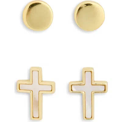 Argento Vivo Set Of 2 Button & Mother-of-pearl Cross Stud Earrings In Gold