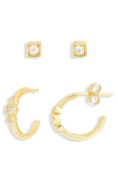 Argento Vivo Set Of 2 Cubic Zirconia Stud & Huggie Hoop Earrings In Gold
