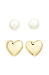 Argento Vivo Set Of 2 Faux Pearl & Heart Stud Earrings In Gold