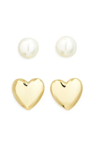 Argento Vivo Set Of 2 Faux Pearl & Heart Stud Earrings In Gold