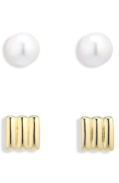 Argento Vivo Set Of 2 Freshwater Pearl And Rib Stud Earrings In Gold