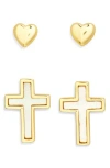 Argento Vivo Set Of 2 Heart & Mother-of-pearl Cross Stud Earrings In Gold