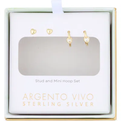 Argento Vivo Set Of 2 Heart Stud & Cubic Zirconia Heart Huggie Hoop Earrings In Gold